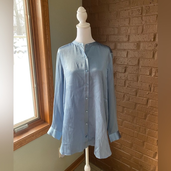 Eileen Fisher Blue 100% Silk Georgette Band Collar Shirt Blouse Size M Medium - Picture 1 of 4